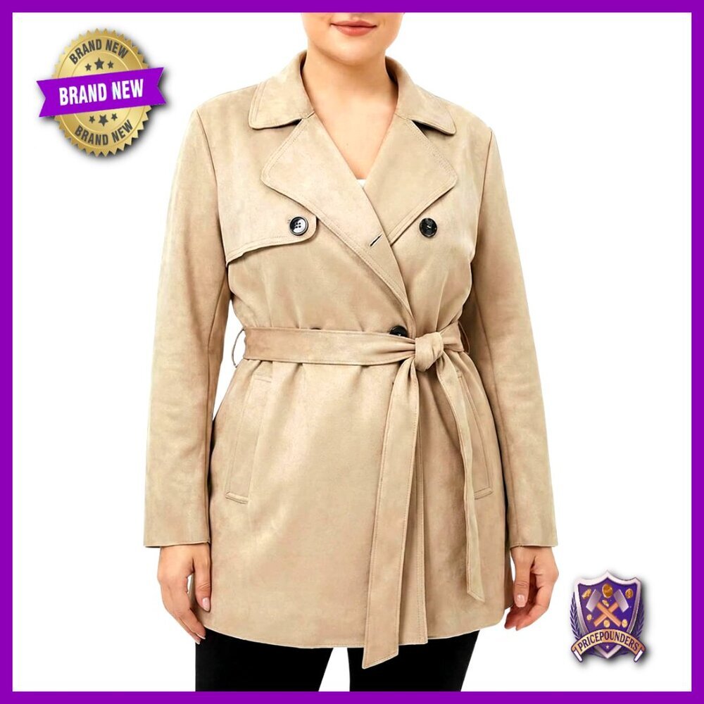 Faux Suede Trench Coat Classic Notched Collar Double-Breasted Adjustable Belt